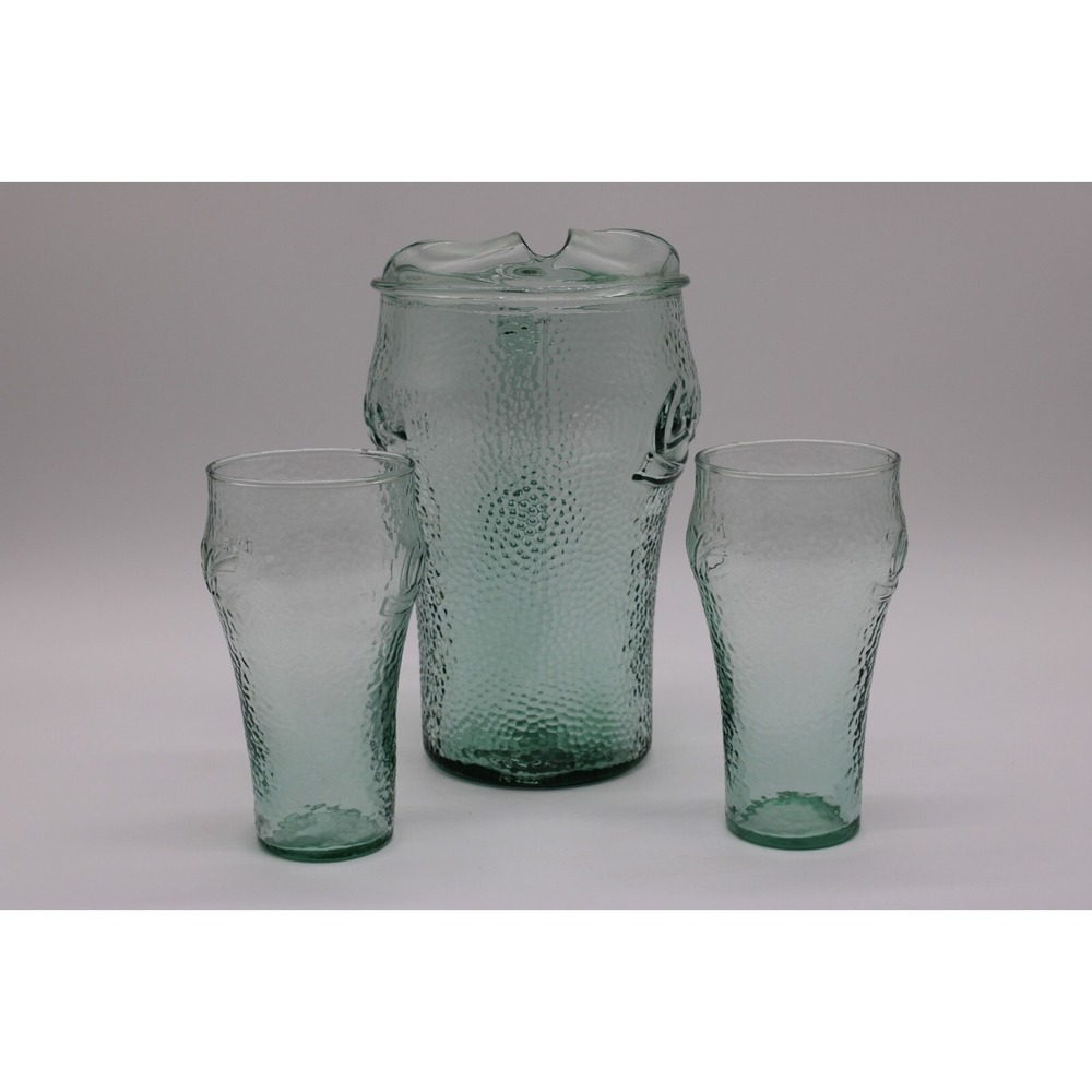 Vintage Coca Cola Pitcher and 2 Glasses Set Pebbled Green Glass Coke - Picture 3 of 11
